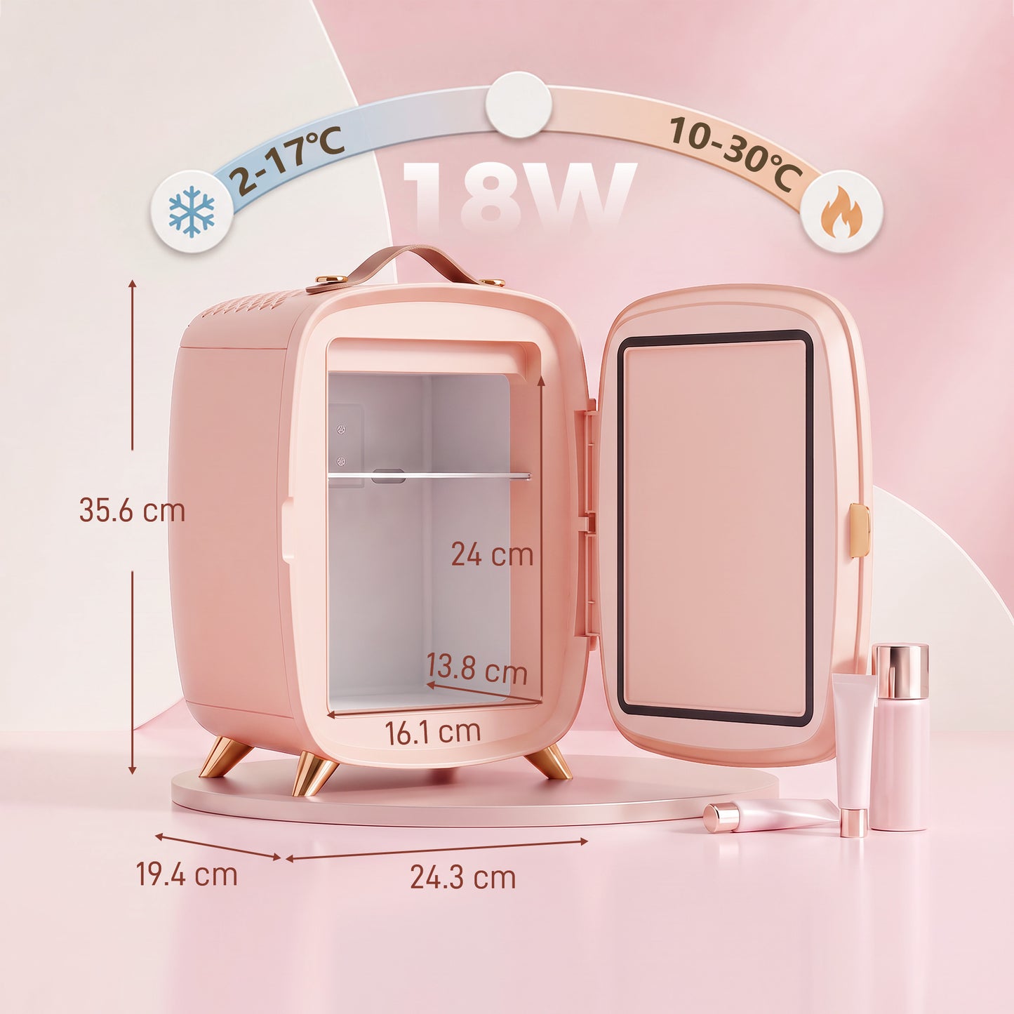 Skincare Refrigerator with LED Mirror, Cooling Function, Pink