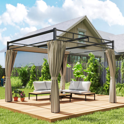 3 x 3 m Garden Pergola with Retractable Canopy, Curtains, Khaki