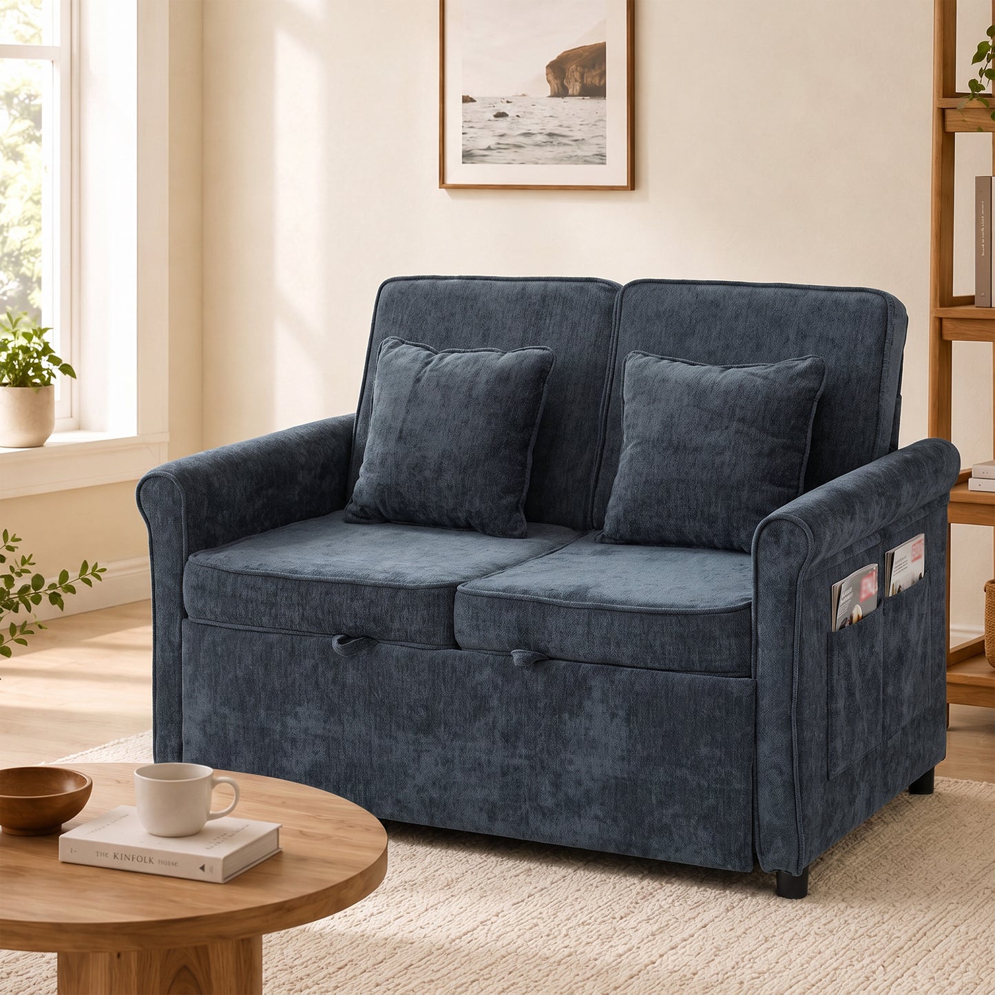2 Seater Sofa Bed, 3-in-1 Convertible Pull Out Sofa Bed, Dark Blue