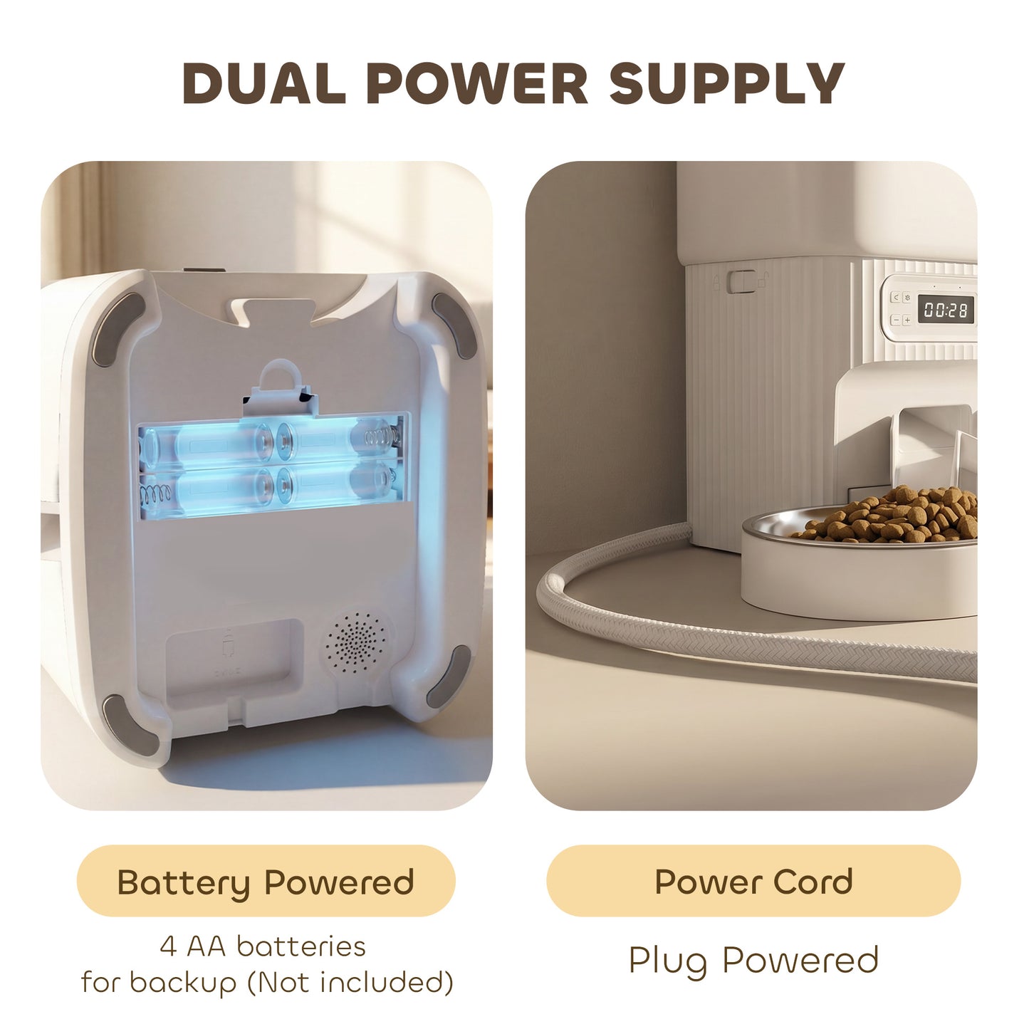 Automatic Cat Feeder with 2 Stainless Steel Bowls, 4L Pet Food Dispenser with Portion Control for 1–6 Meals Daily, Anti-Clogging Design, Dual Power Supply