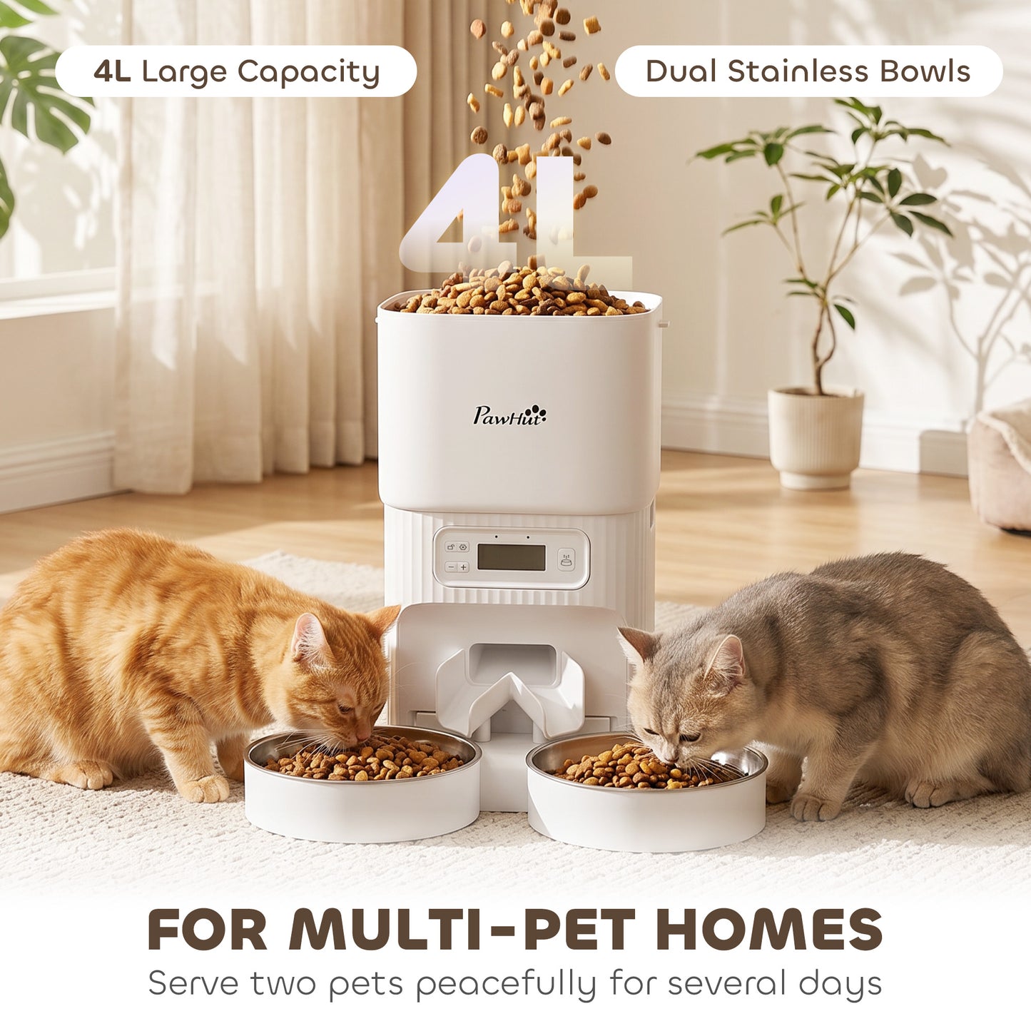 Automatic Cat Feeder with 2 Stainless Steel Bowls, 4L Pet Food Dispenser with Portion Control for 1–6 Meals Daily, Anti-Clogging Design, Dual Power Supply