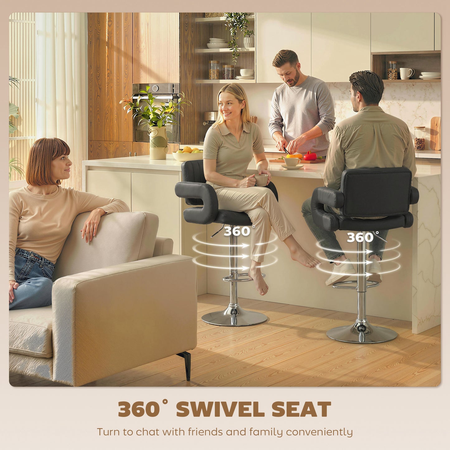 Bar Stools Adjustable Swivel with Armrest Set of 2 Black