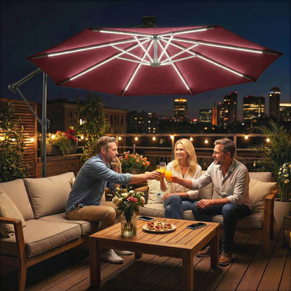 3 m Garden Cantilever Parasol with Solar Light, Rotation, Wine Red