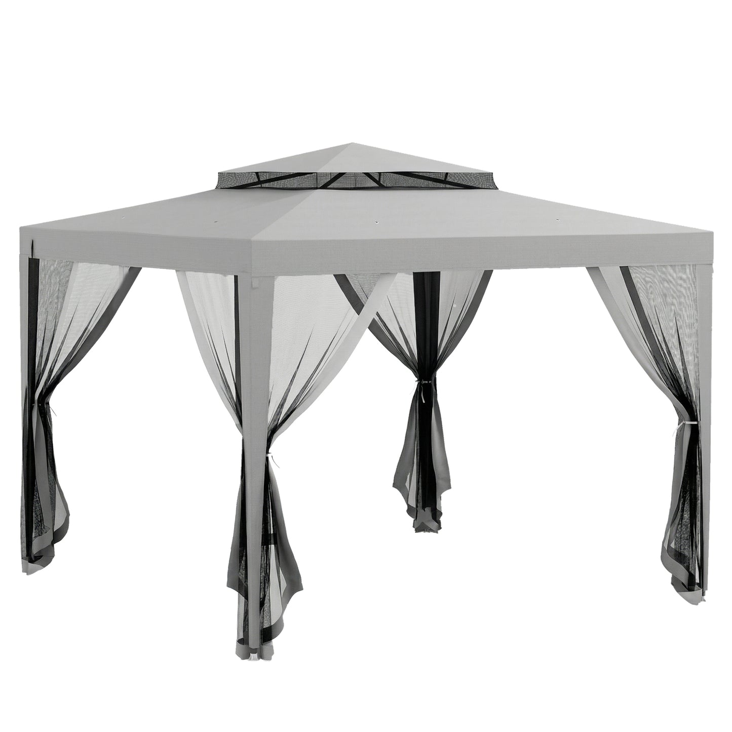 3 x 3 m Gazebo, Netting Party Tent w/ Double Tier Roof, Light Grey