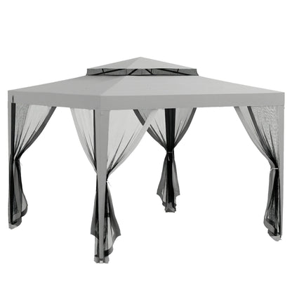 3 x 3 m Gazebo, Netting Party Tent w/ Double Tier Roof, Light Grey