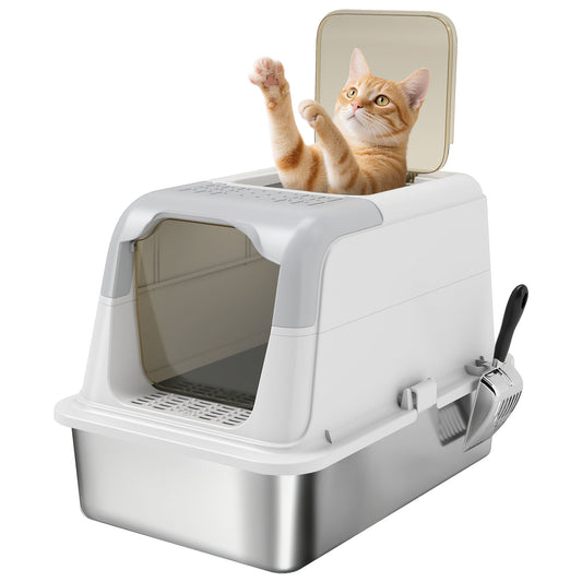 Stainless Steel Litter Box, Enclosed Metal Litter Tray with Scoop