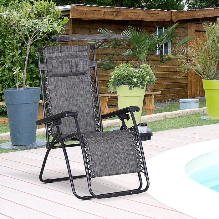 Zero Gravity Garden Deck Folding Chair Patio Sun Lounger Reclining Seat with Cup Holder & Canopy Shade - Grey