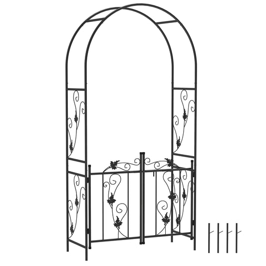 2.17m Steel Garden Arch with Double Gate, Garden Arbor Trellis, Black