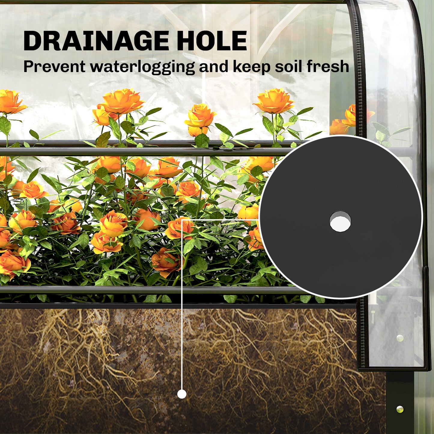 Metal Raised Planter with Flip-Up Greenhouse, Drainage Hole, Black