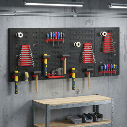 38 Pcs Wall-Mounted Pegboard with Hooks and Storage Shelves, 4 Panels Set Garage DIY Storage Unit Black and Red