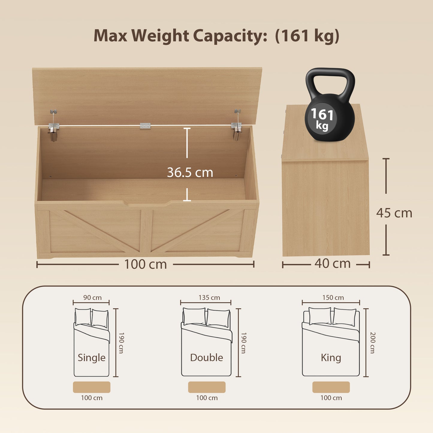 Storage Trunk for Living Room, with Safety Hinges, 100cm, Nature Wood
