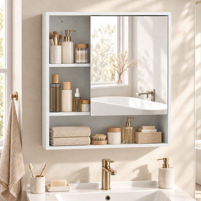 Wall-Mounted Bathroom Mirror Cabinet with Adjustable Shelves - White Wood Effect
