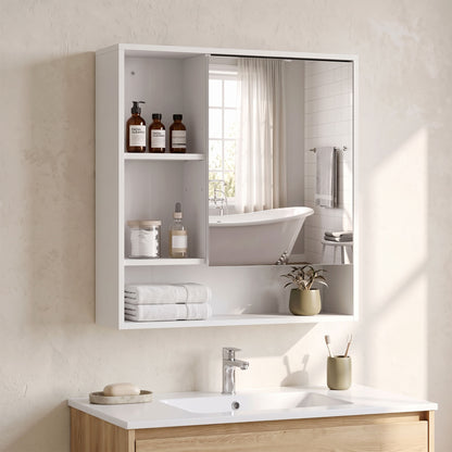 Wall-Mounted Bathroom Mirror Cabinet with Adjustable Shelves - White Wood Effect