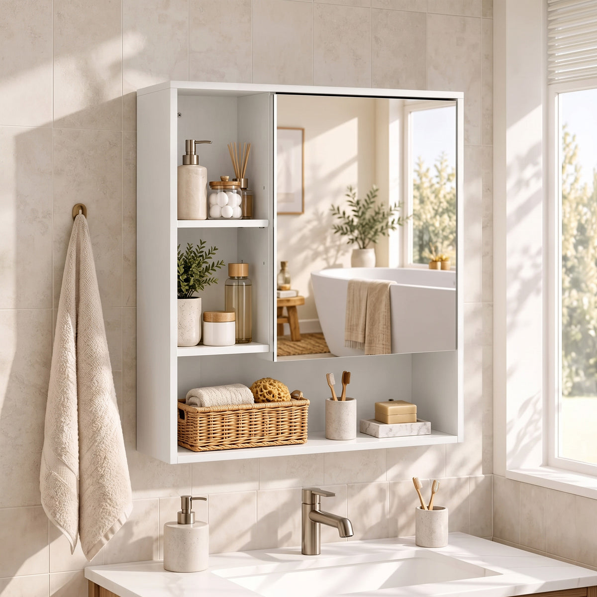 Wall-Mounted Bathroom Mirror Cabinet with Adjustable Shelves - White Wood Effect