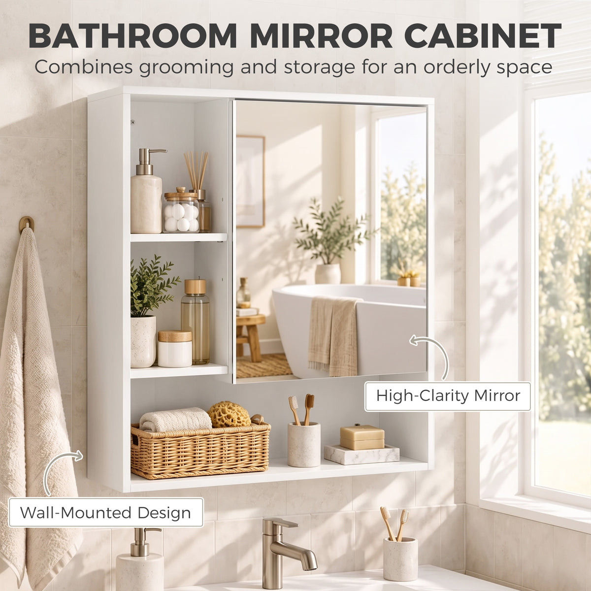 Wall-Mounted Bathroom Mirror Cabinet with Adjustable Shelves - White Wood Effect