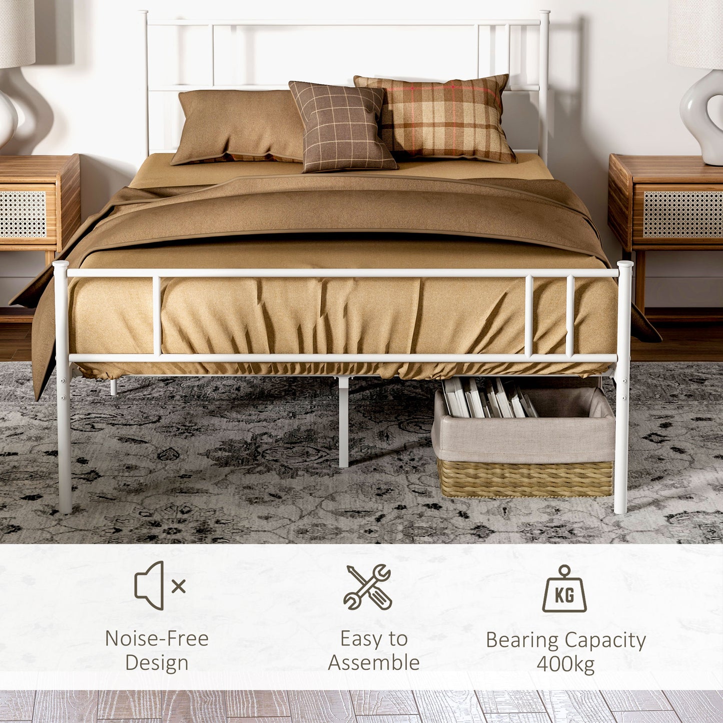 Double Metal Bed Frame Solid Bedstead Base with Headboard and Footboard, Metal Slat Support and Underbed Storage Space, Bedroom Furniture