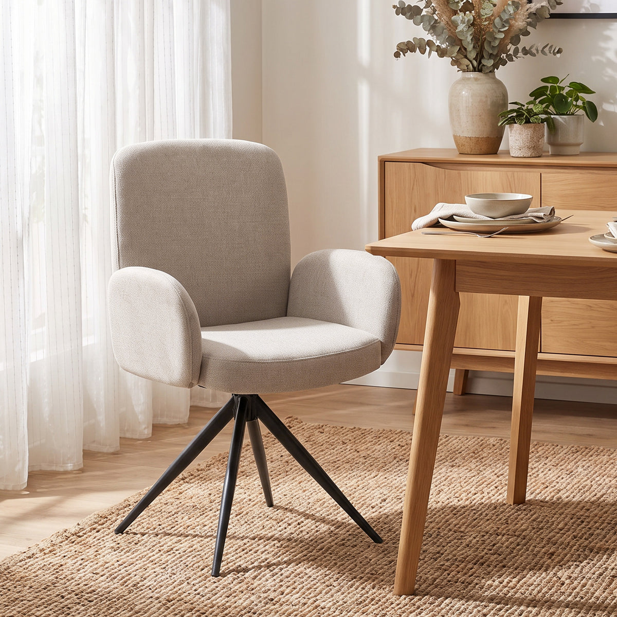 Linen-Effect Swivel Accent Chair with Curved Backrest - Light Brown & Black