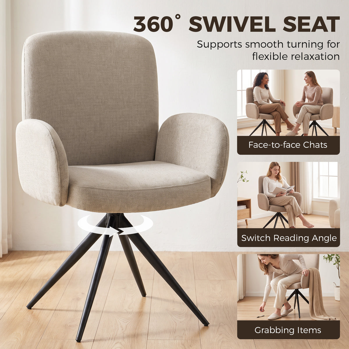 Linen-Effect Swivel Accent Chair with Curved Backrest - Light Brown & Black