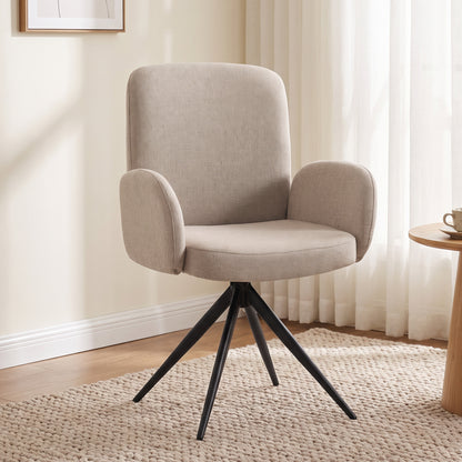 Linen-Effect Swivel Accent Chair with Curved Backrest - Light Brown & Black