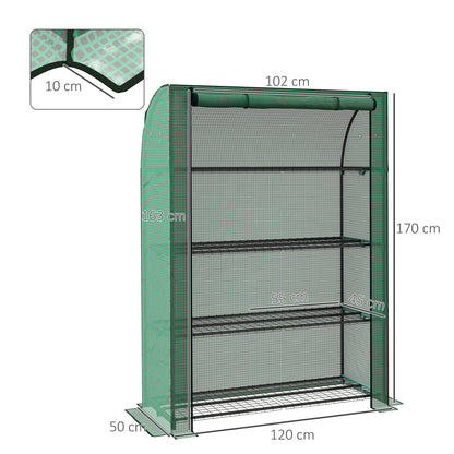 4 Tier Mini Greenhouse with Reinforced PE Cover, Portable Green House w/ Roll-up Door and Wire Shelves, 170H x 120W x 50Dcm, Green