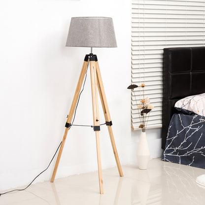Tripod Floor Lamp w/ Linen Shade Pinewood Legs Adjustable Height Grey