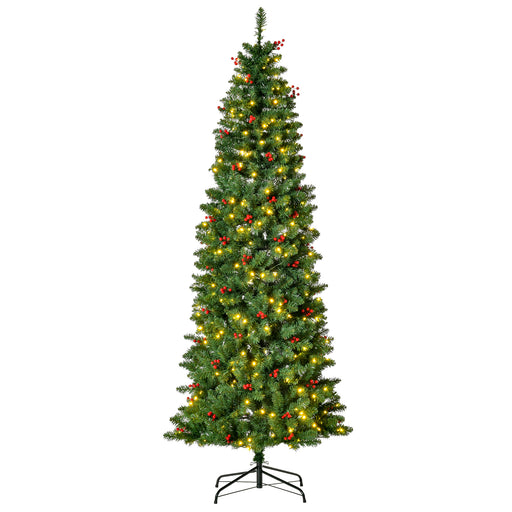 7FT Prelit Artificial Pencil Christmas Tree with Warm White LED Light, Red Berry, Holiday Home Xmas Decoration, Green