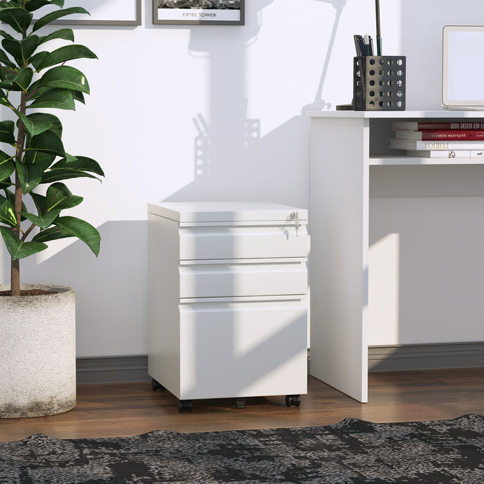 3-Drawer Mobile Vertical File Cabinet, Lockable Mobile Vertical File Cabinet, Under Desk Rolling Storage Cabinet, White