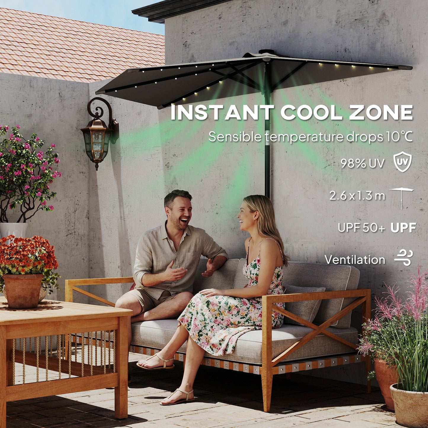 2.6 m Half Parasol with Solar Lights, UPF50+ Semi Round Umbrella