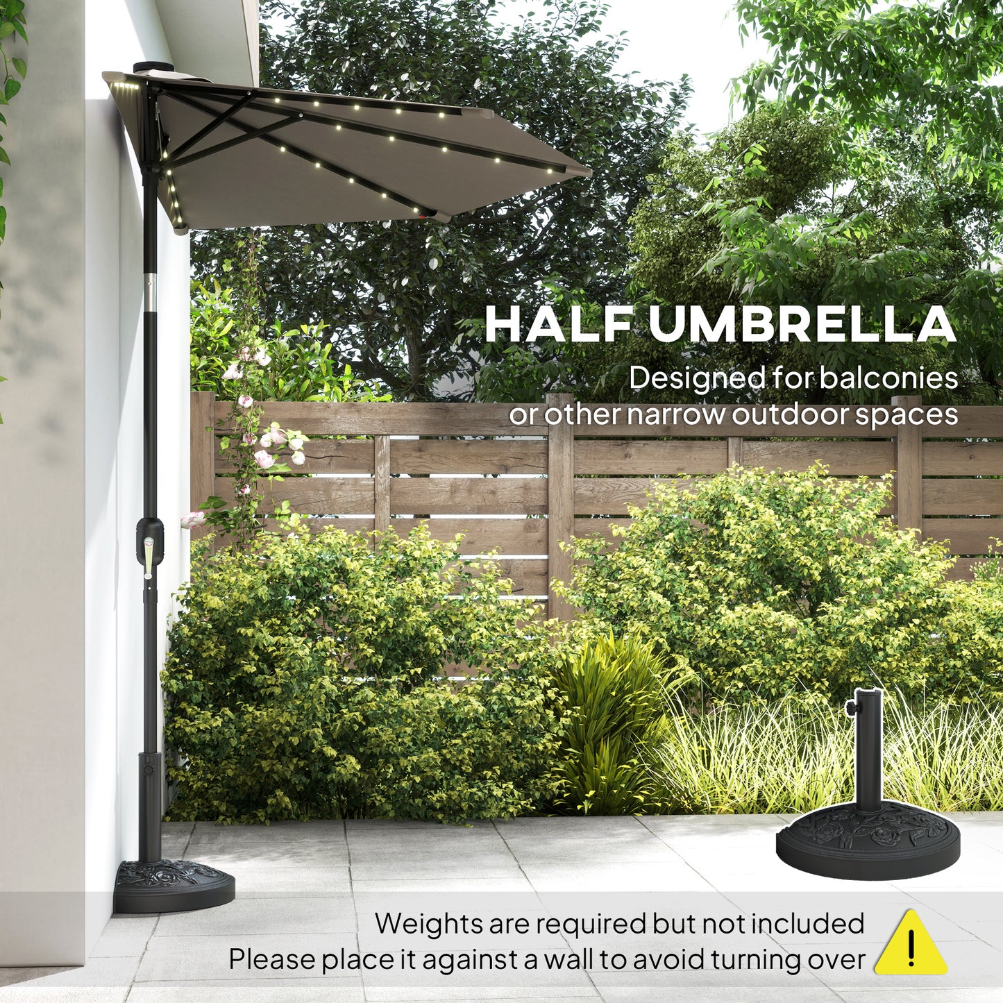 2.6 m Half Parasol with Solar Lights, UPF50+ Semi Round Umbrella