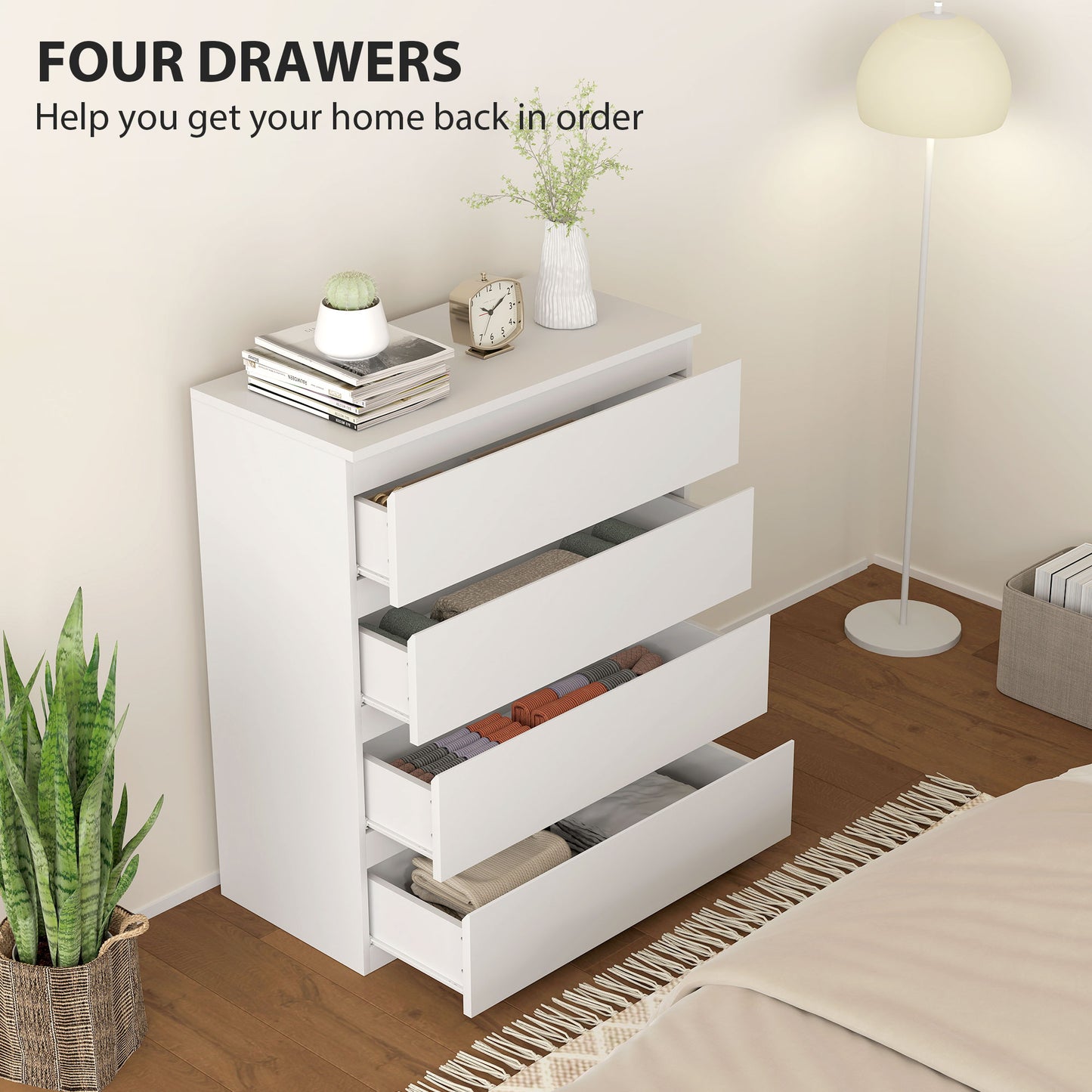 Chest of Drawers, 4-Drawer Storage Organiser Unit for Bedroom, Living Room, 80 x 39 x 95cm, White