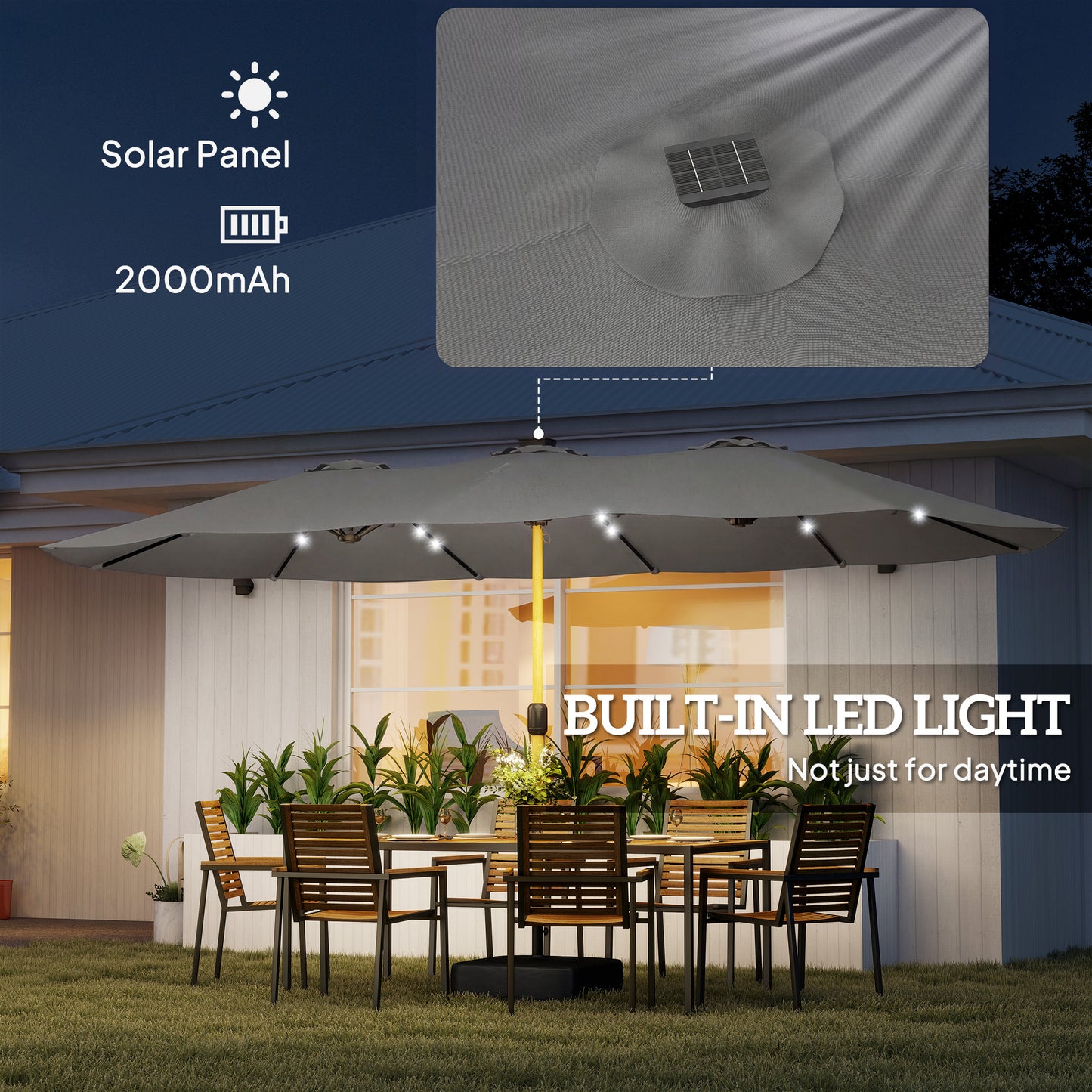 Double Sided Garden Parasol w/ 48 Solar LED Lights 4.6m Light Grey