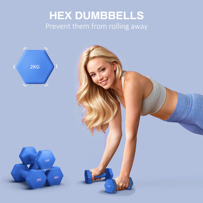 Set of 2 Hexagonal Dumbbells Weights Pair, 2 x 2kg, Blue