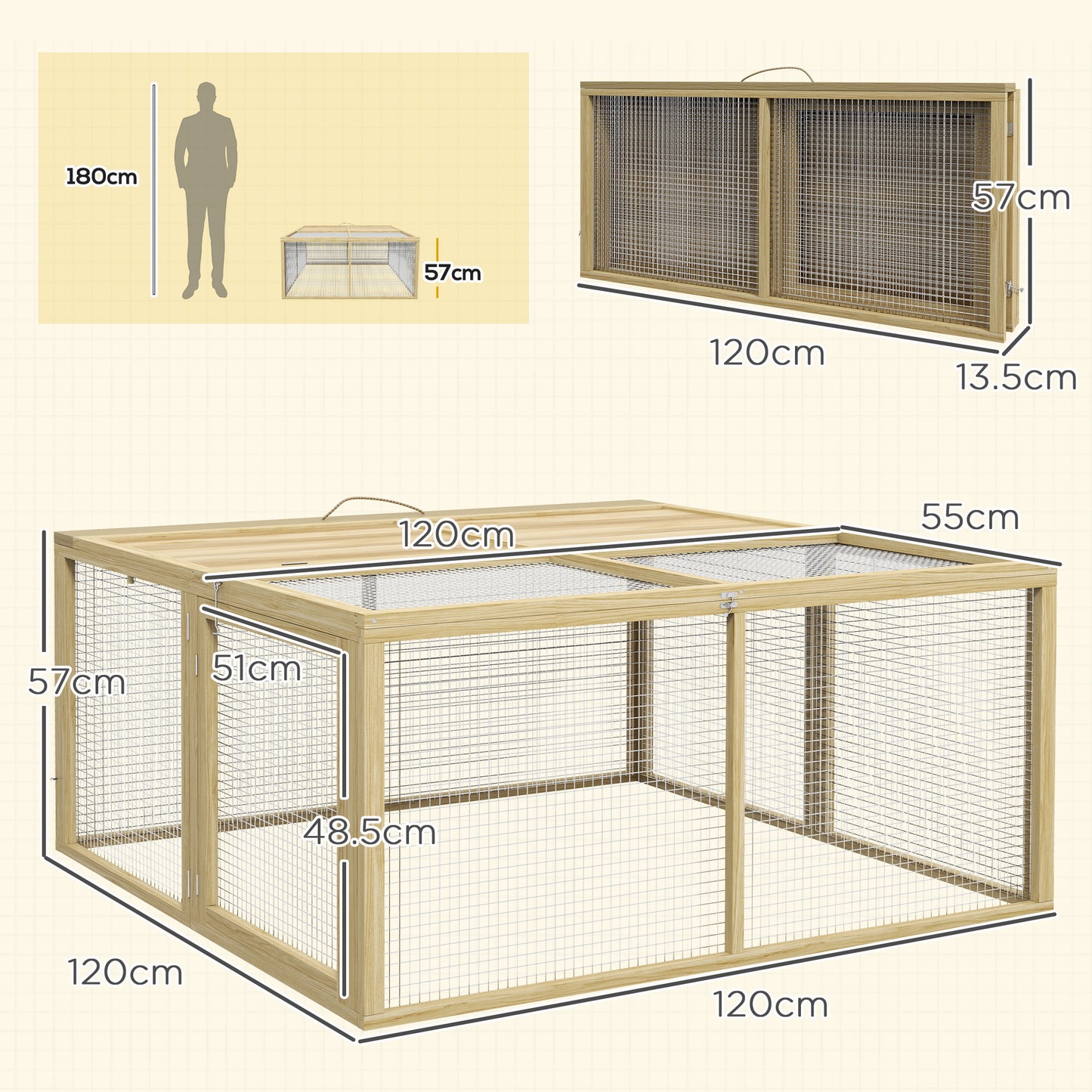 Rabbit Hutch, Folding Wooden Rabbit Run with Openable Top, Natural