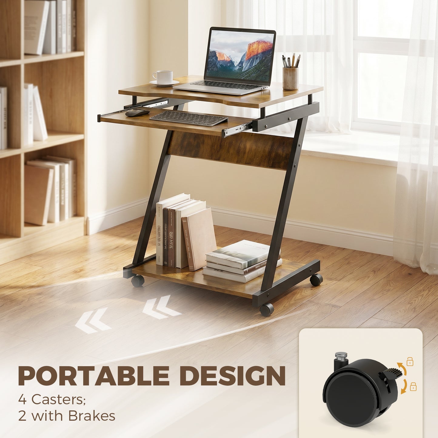 Mobile Computer Desk, Z-Shaped Writing Desk, PC Table for Small Spaces, Workstation with 4 Wheels & Sliding Keyboard for Home Office, Easy Assembly, Rustic Brown