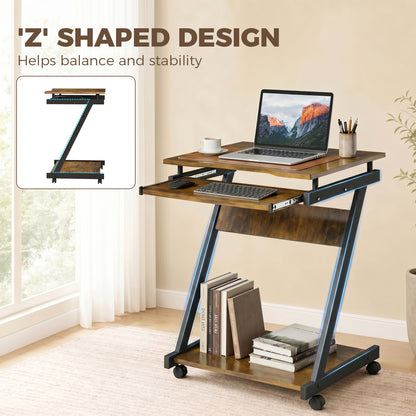 Mobile Computer Desk, Z-Shaped Writing Desk, PC Table for Small Spaces, Workstation with 4 Wheels & Sliding Keyboard for Home Office, Easy Assembly, Rustic Brown
