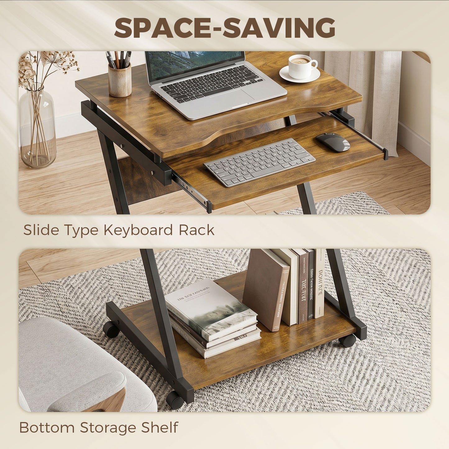 Mobile Computer Desk, Z-Shaped Writing Desk, PC Table for Small Spaces, Workstation with 4 Wheels & Sliding Keyboard for Home Office, Easy Assembly, Rustic Brown