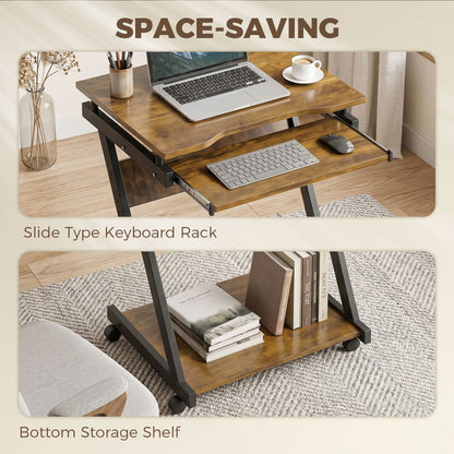 Mobile Computer Desk, Z-Shaped Writing Desk, PC Table for Small Spaces, Workstation with 4 Wheels & Sliding Keyboard for Home Office, Easy Assembly, Rustic Brown