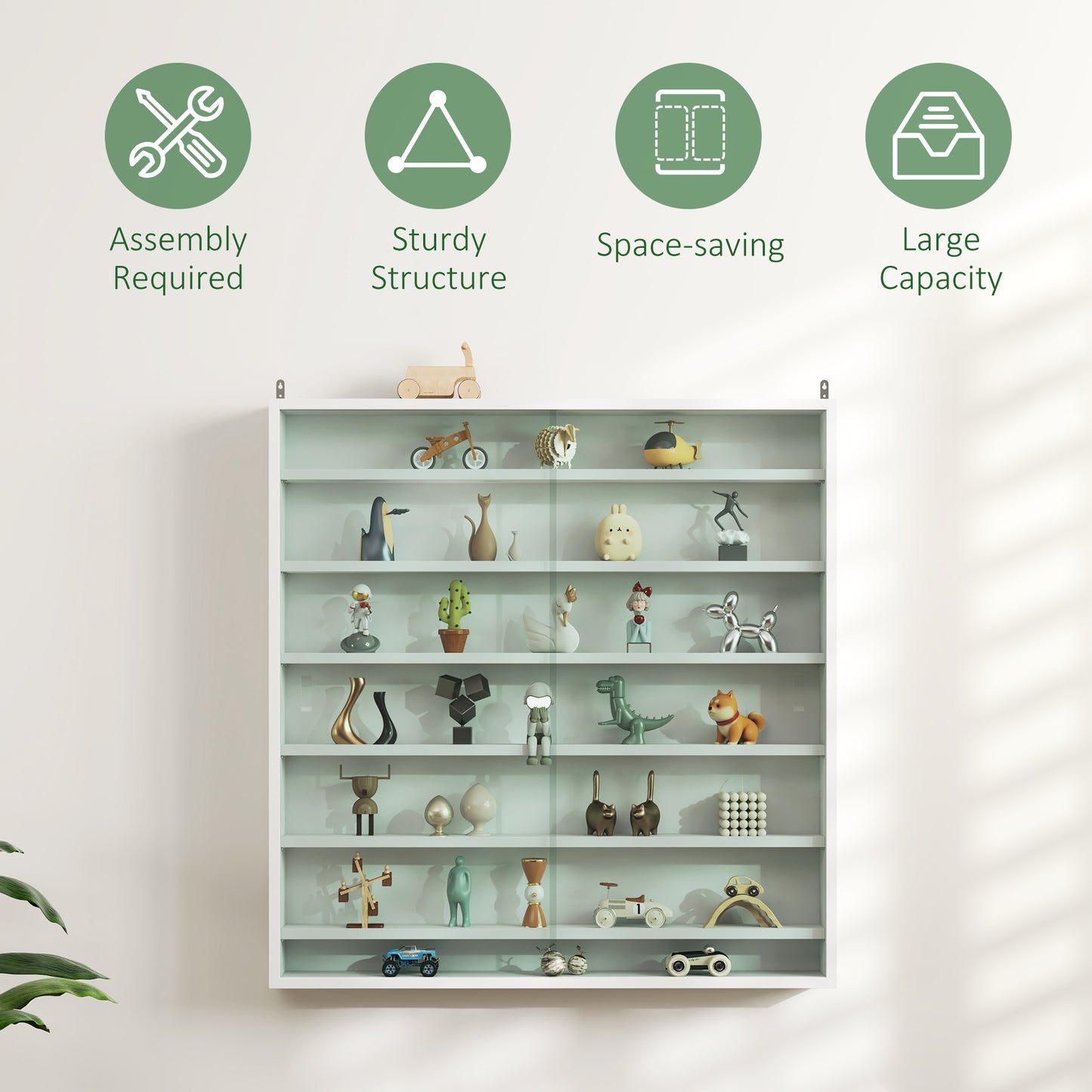 7-Tier Wall Display Cabinet w/ Shelves Glass Doors, White