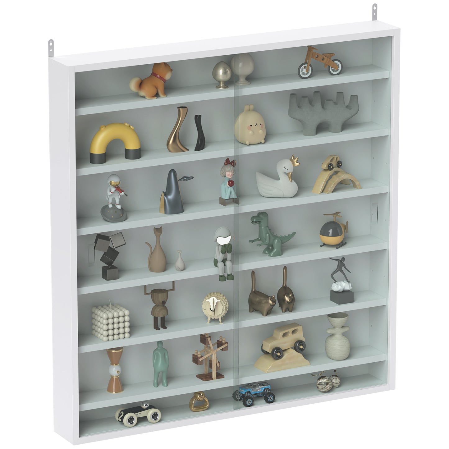 7-Tier Wall Display Cabinet w/ Shelves Glass Doors, White
