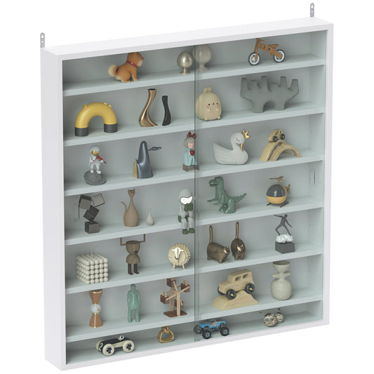 7-Tier Wall Display Cabinet w/ Shelves Glass Doors, White