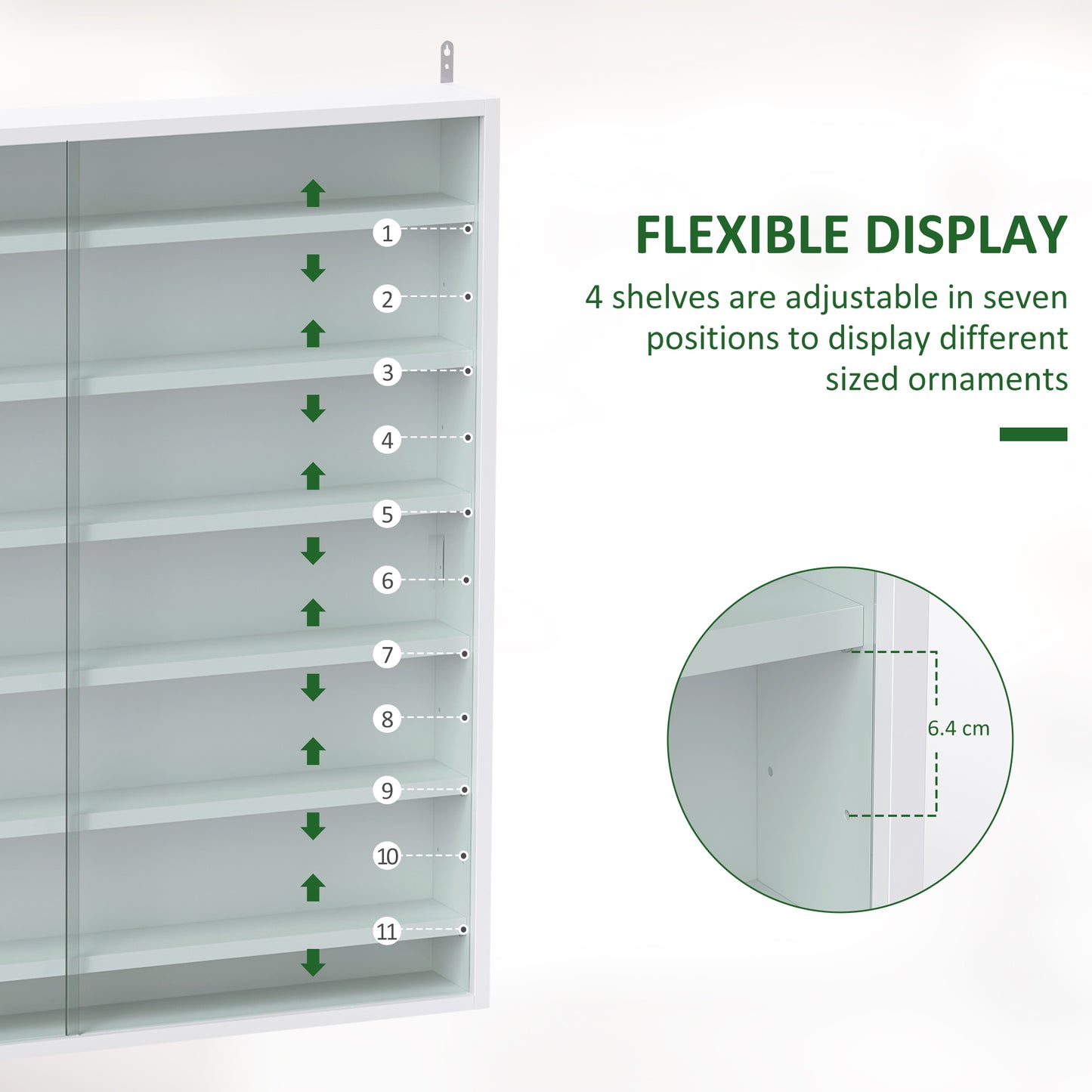 7-Tier Wall Display Cabinet w/ Shelves Glass Doors, White