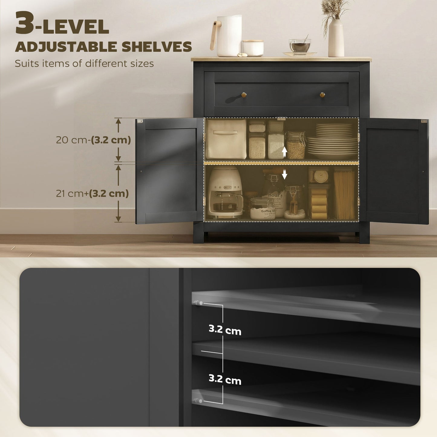 Sideboard, Kitchen Storage Cabinet w/ Adjustable Shelf, Drawer, Black