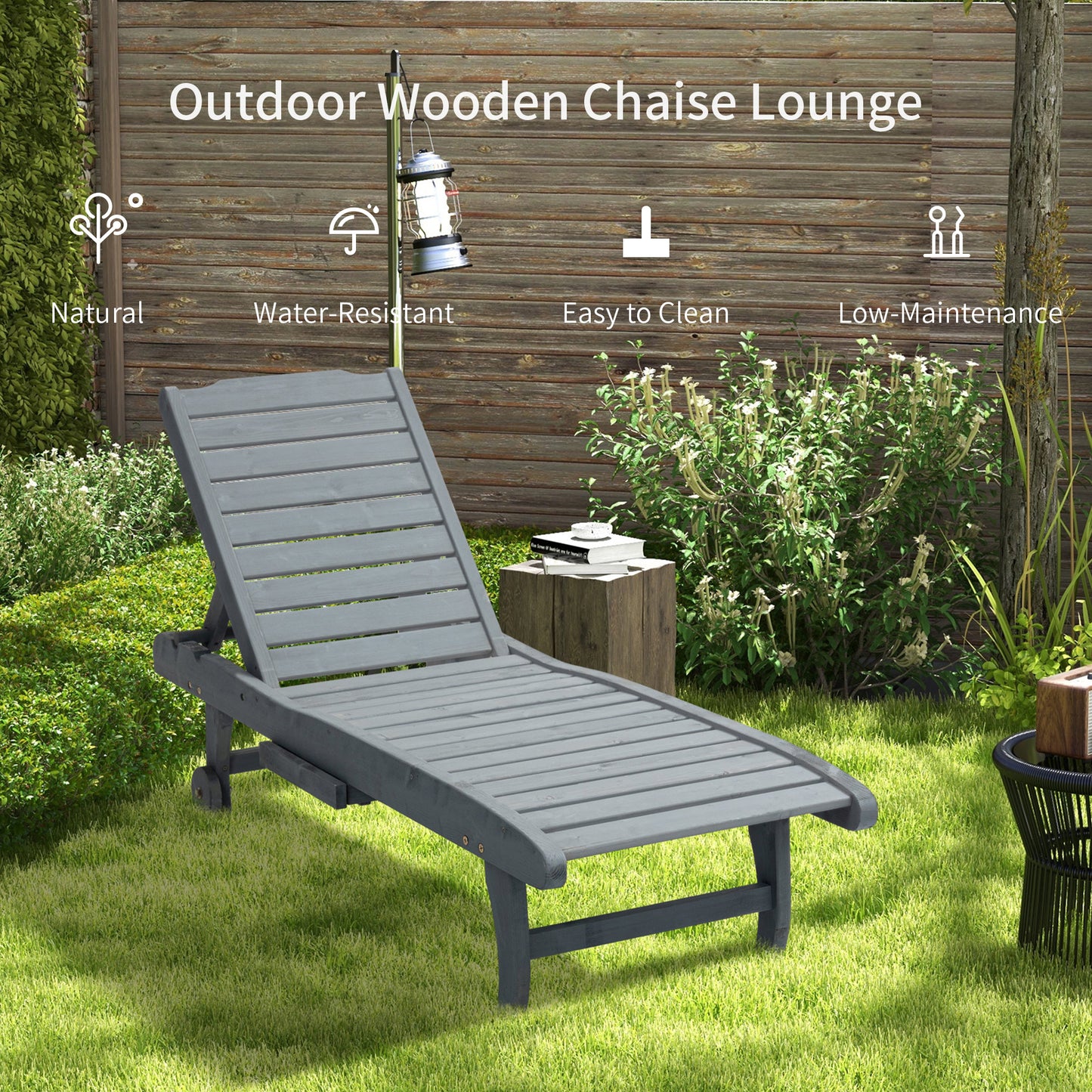 Wooden Sun Lounger Outdoor Patio Sun Bed w/ Pull-out Table Grey