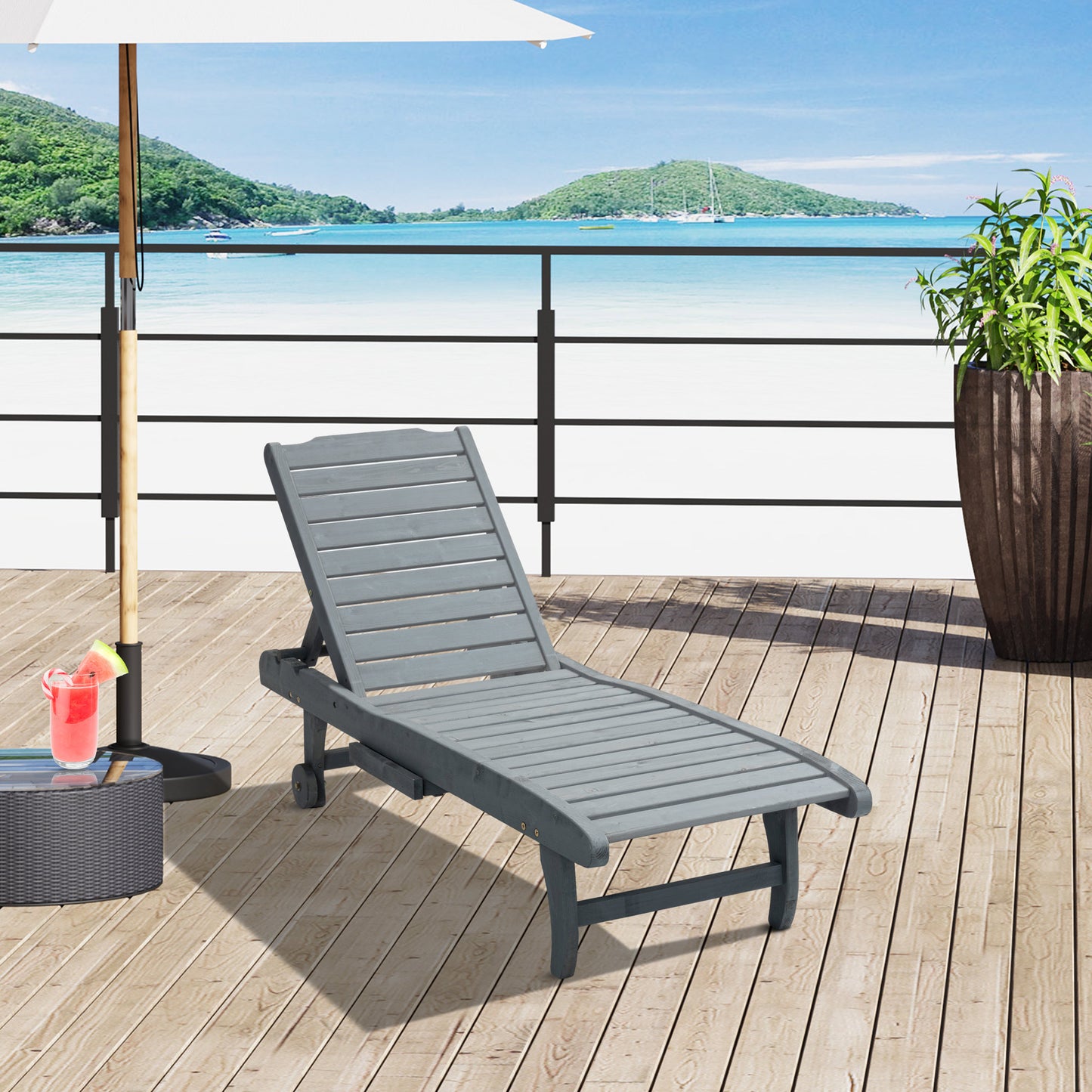 Wooden Sun Lounger Outdoor Patio Sun Bed w/ Pull-out Table Grey