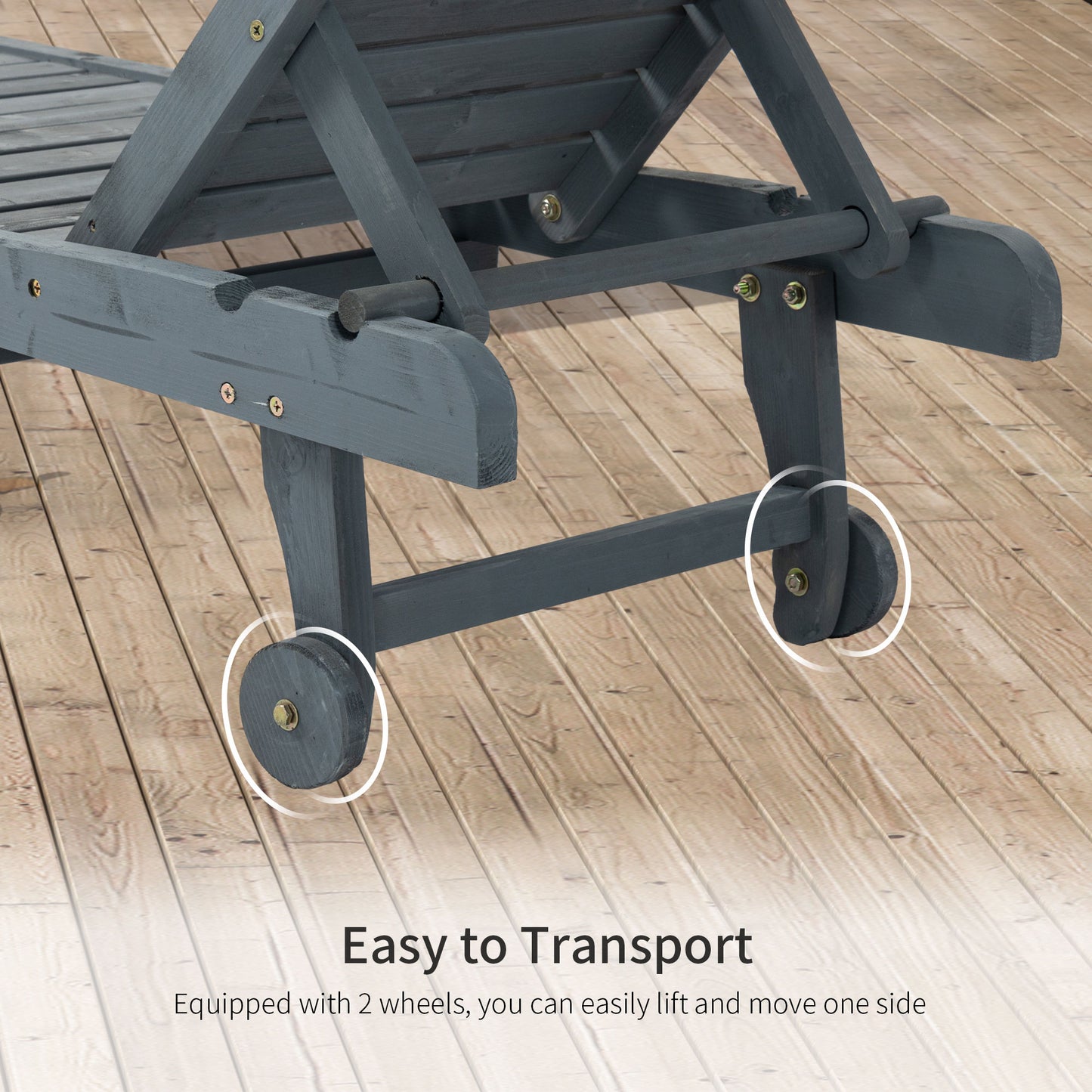 Wooden Sun Lounger Outdoor Patio Sun Bed w/ Pull-out Table Grey