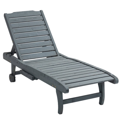 Wooden Sun Lounger Outdoor Patio Sun Bed w/ Pull-out Table Grey