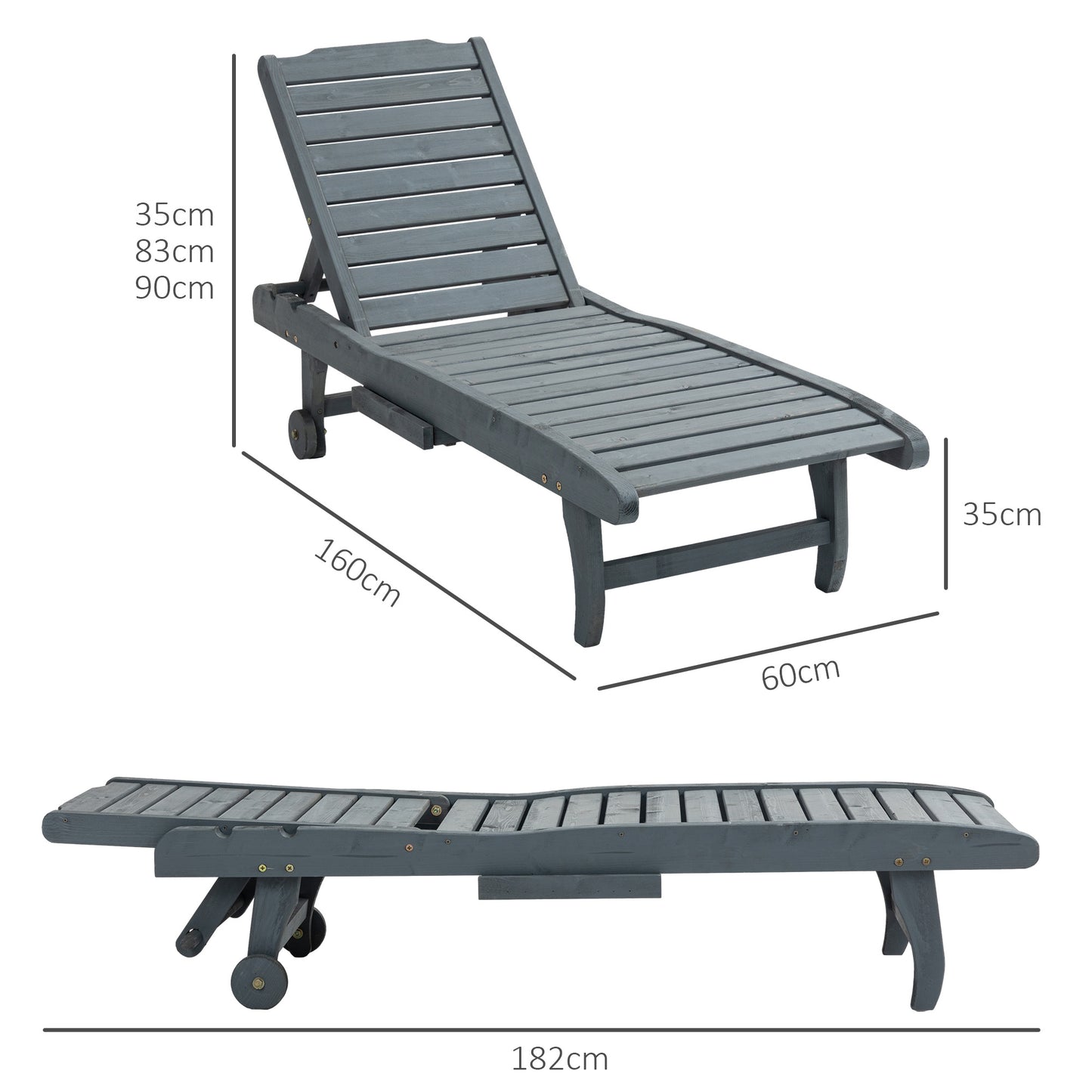 Wooden Sun Lounger Outdoor Patio Sun Bed w/ Pull-out Table Grey