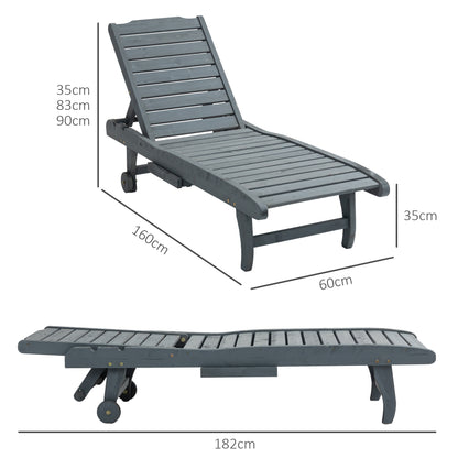 Wooden Sun Lounger Outdoor Patio Sun Bed w/ Pull-out Table Grey