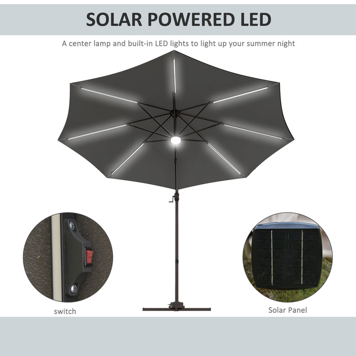 3(m) LED Cantilever Parasol Outdoor Sun Umbrella w/ Base Solar Lights Grey