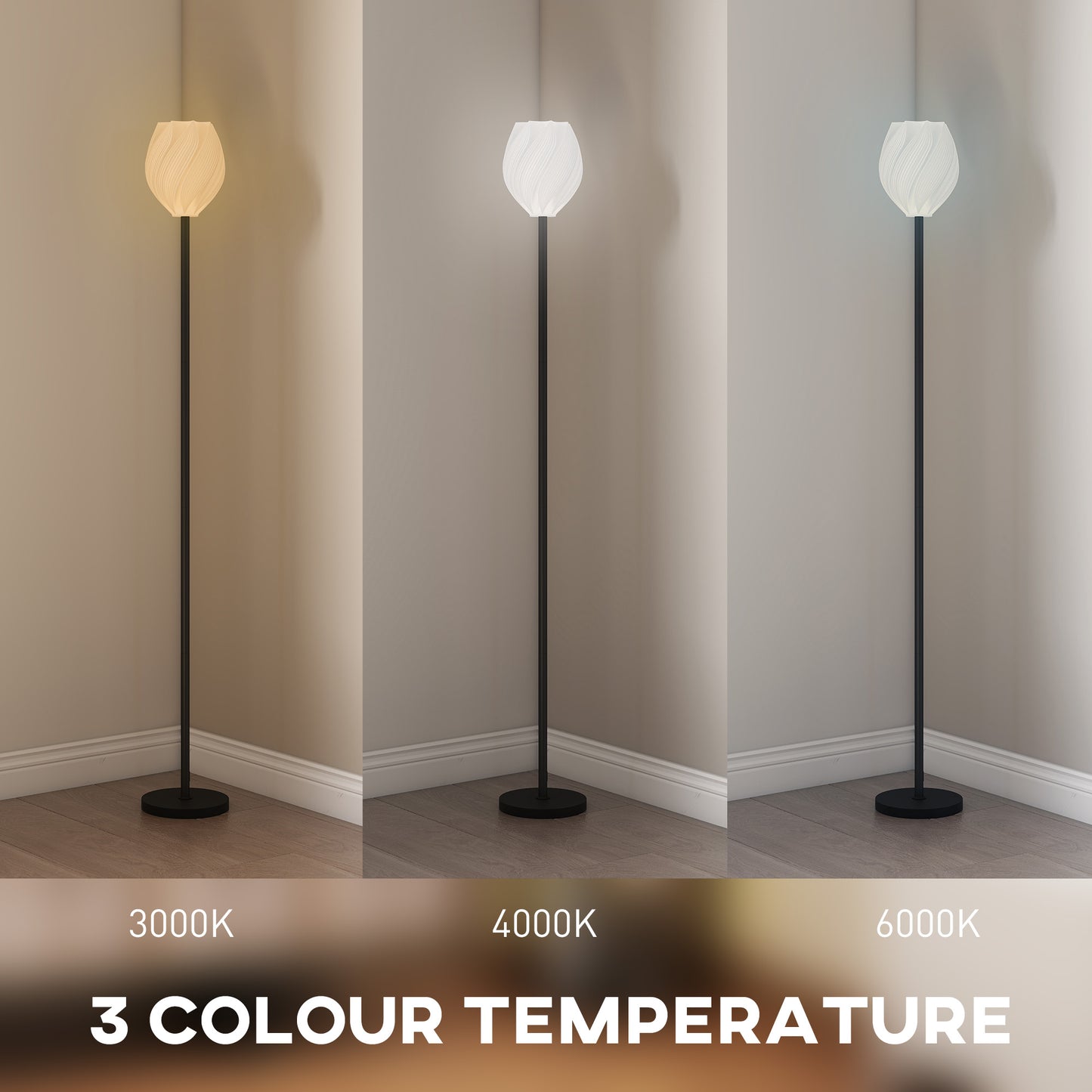 3D Printed Standing Lamp with Rose Shade, 3 Colour Temperature, White